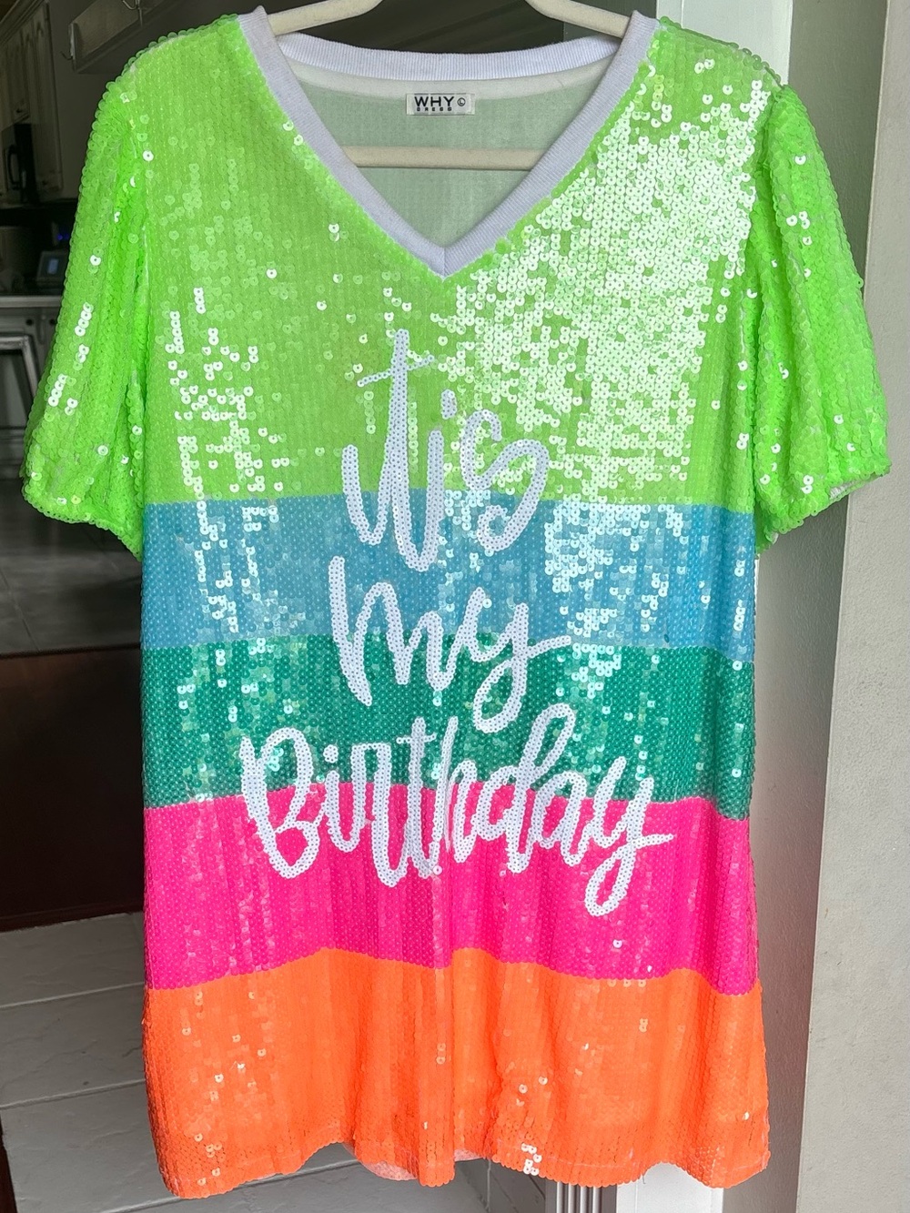 Women's Neon Sequin 'It's My Birthday' Striped Tee - Picture 2 of 4